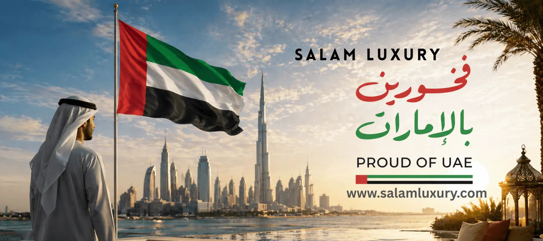 Salam Luxury website hero banner featuring the UAE flag, Dubai skyline with Burj Khalifa, and text Proud of UAE in English and Arabic.