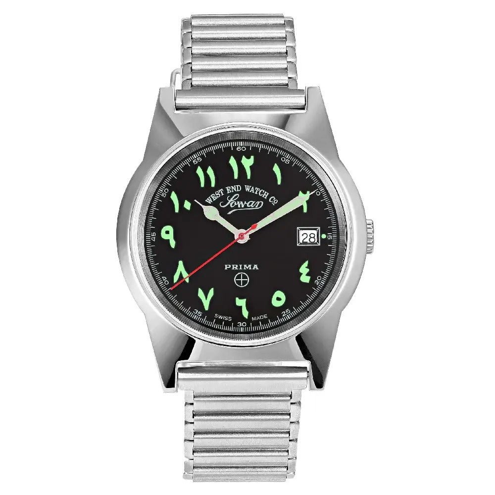 Black | Silver wristwatch with black dial and green accents on a white background
Salam Luxury UAE