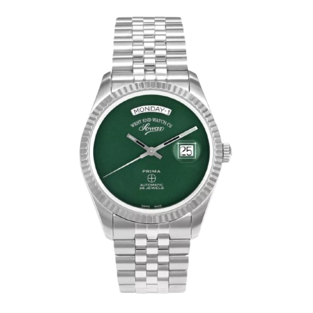 Green | Wristwatch with green dial and silver metal strap on a white background
Salam Luxury UAE