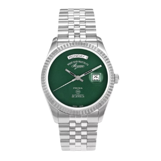 Green | Wristwatch with green dial and silver metal strap on a white background
Salam Luxury UAE