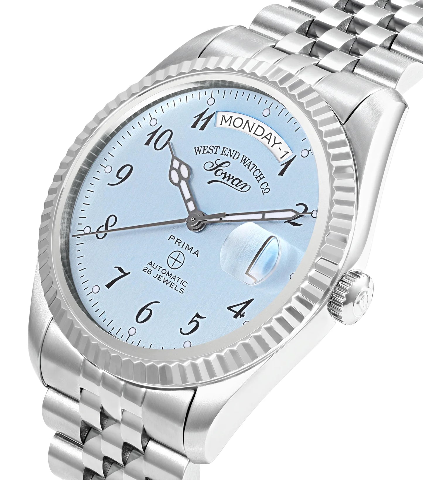 Ice Blue | Silver watch with a light blue face on a white background
Salam Luxury