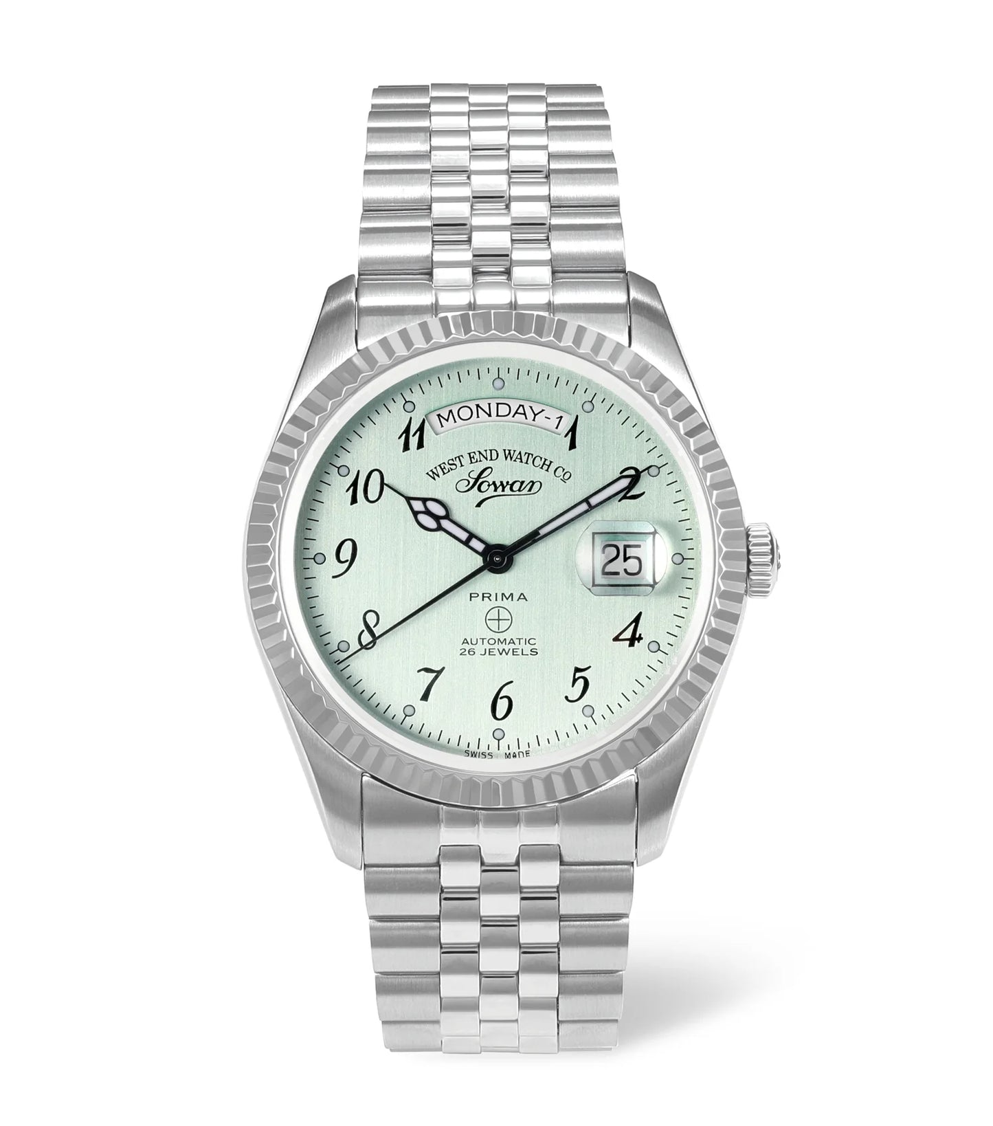 Pistachio | Silver watch with a light green face on a white background
Salam Luxury