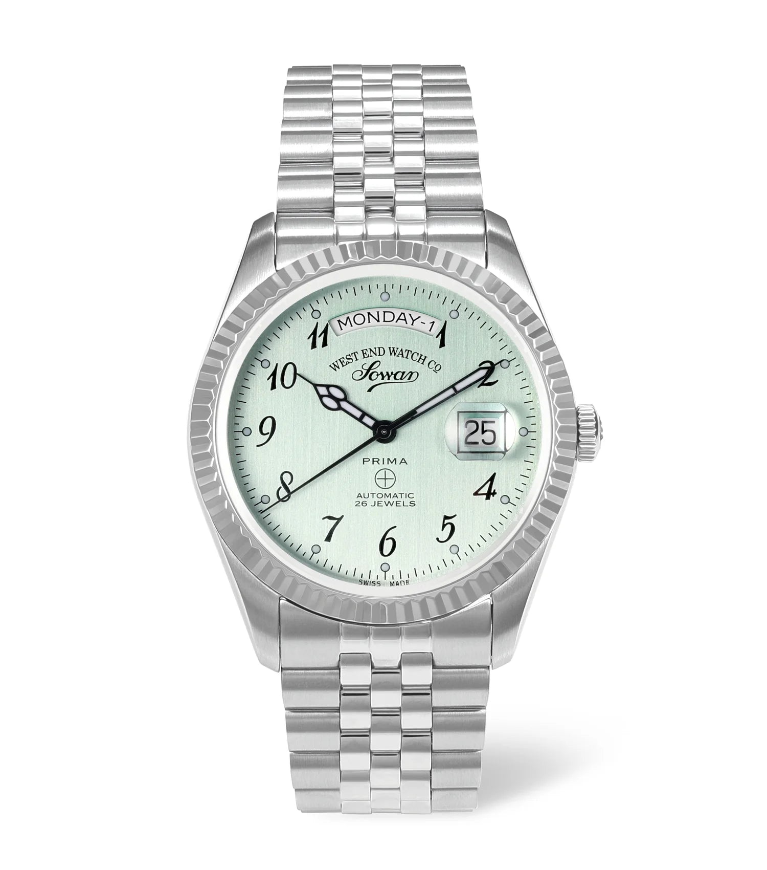 Pistachio | Silver watch with a light green face on a white background
Salam Luxury