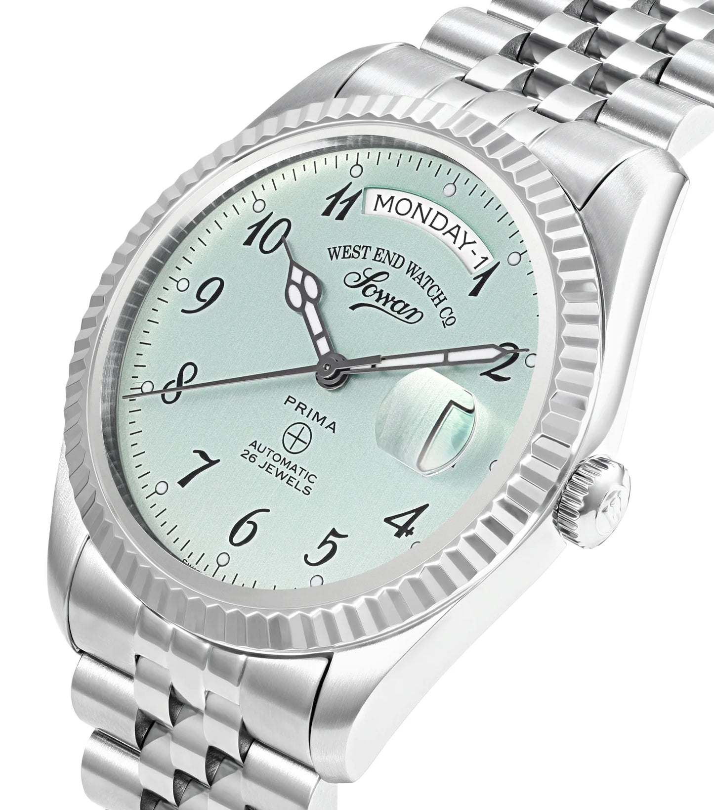 Pistachio | Silver watch with a light green face on a white background
Salam luxury
