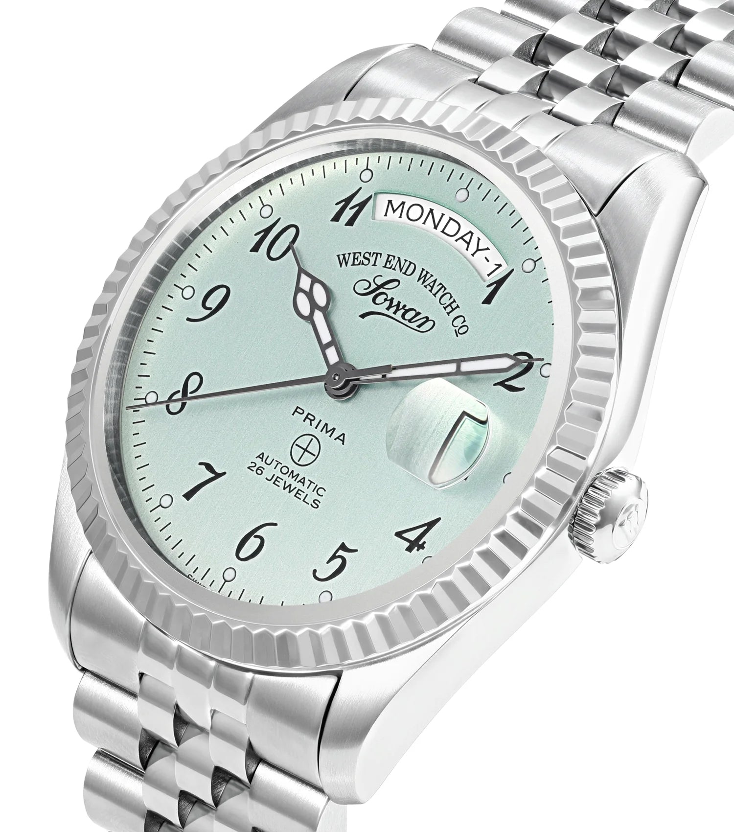 Pistachio | Silver watch with a light green face on a white background
Salam luxury