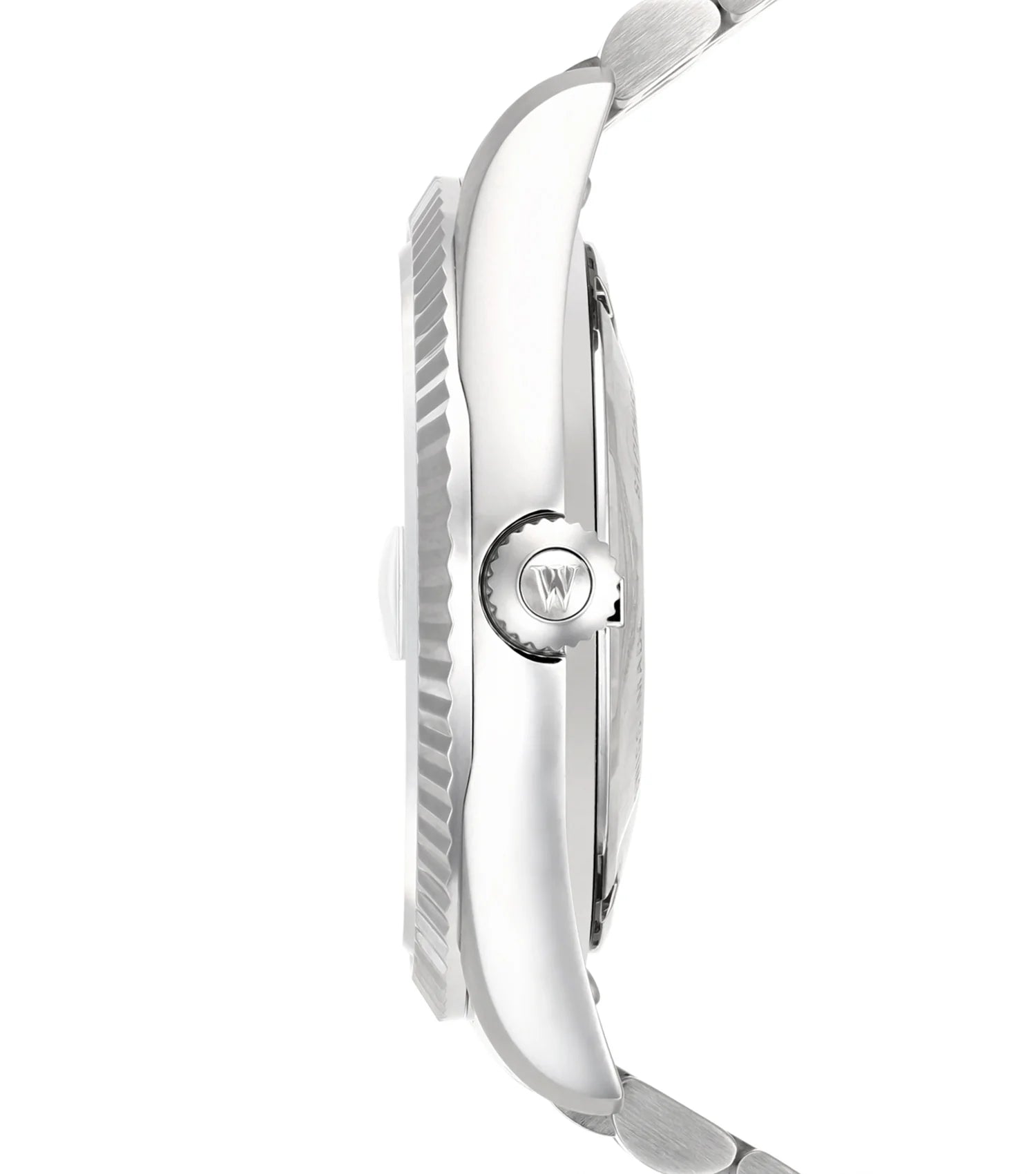 Ice Blue | Close-up of a silver watch with a brand logo on a white background