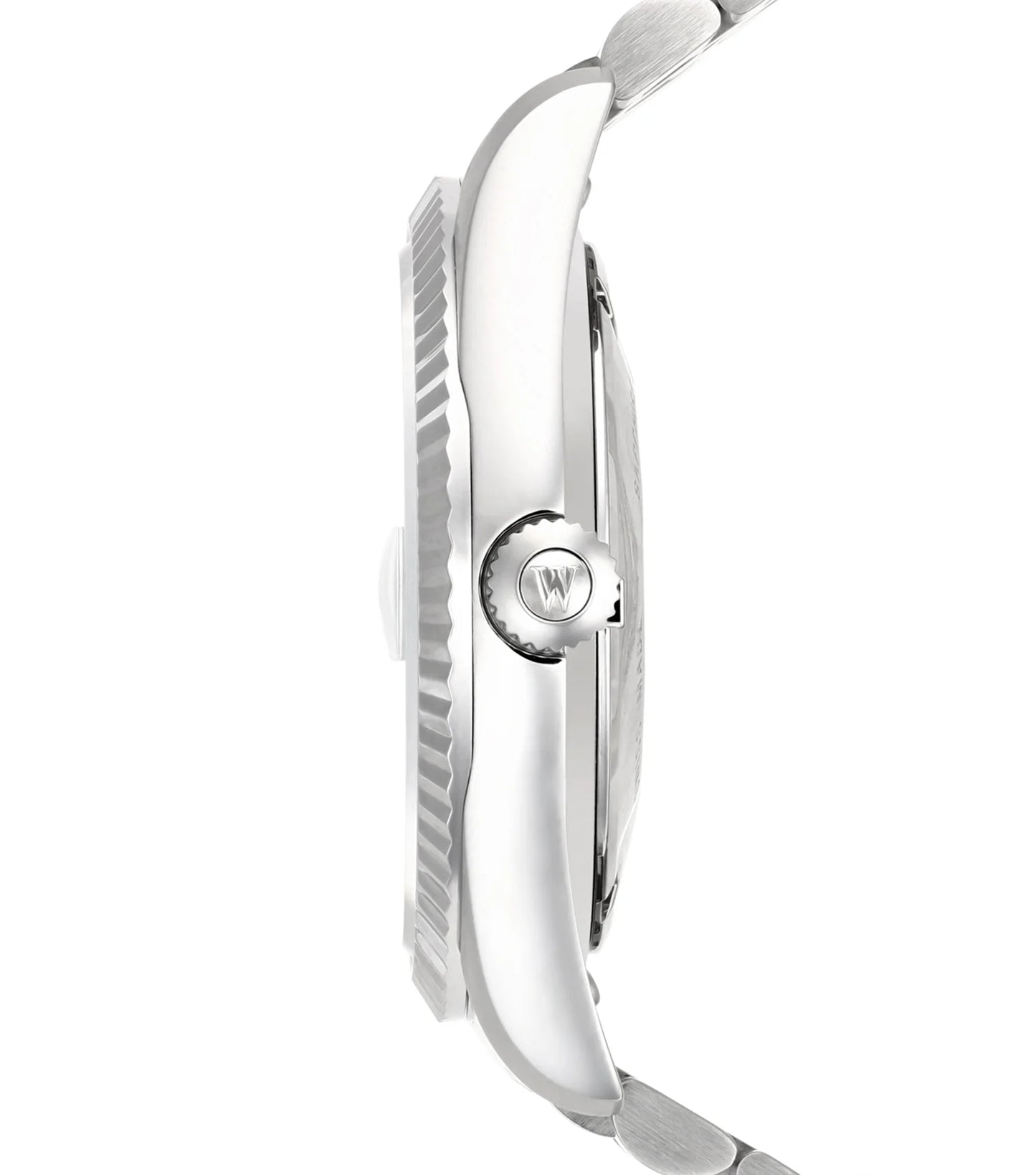 Pistachio | Close-up of a silver watch with a brand logo on a white background