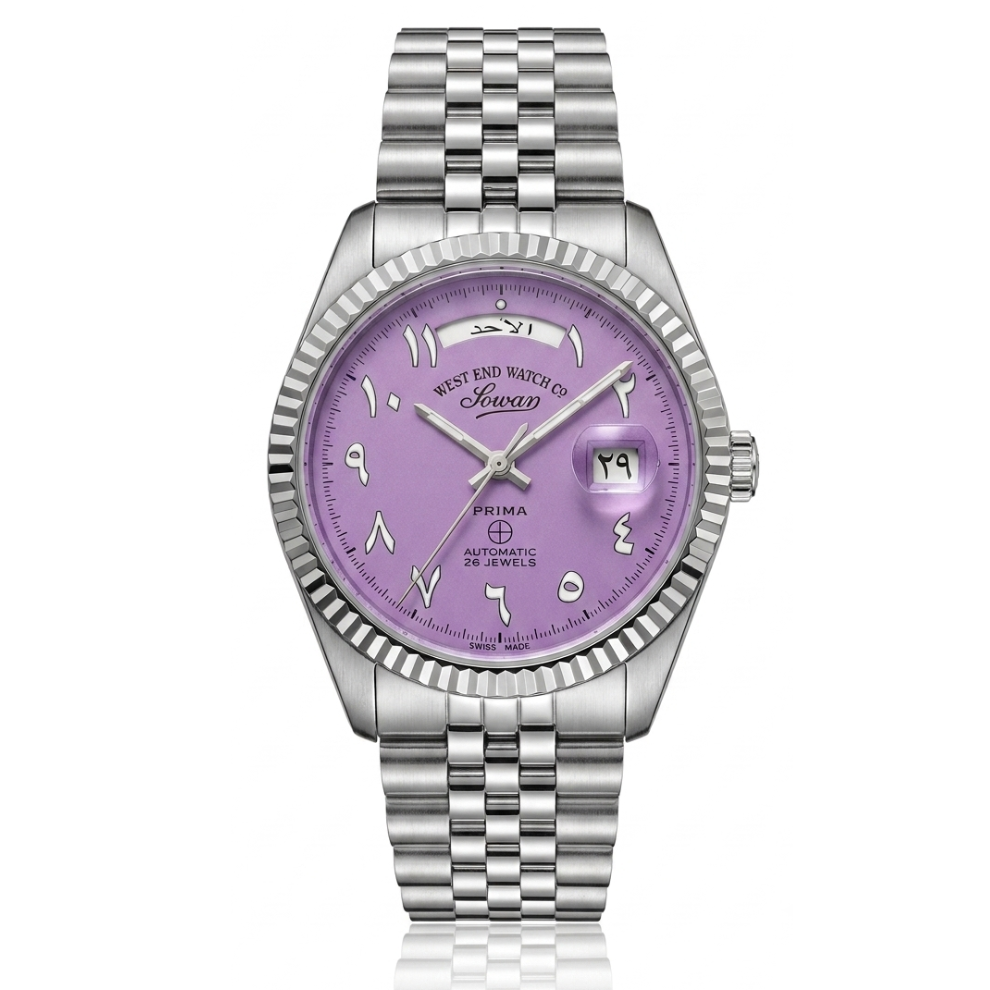 West End Watch Co. Sowar Prima Automatic Limited Edition watch with a rare lavender purple dial and Eastern Arabic numerals, available at Salam Luxury.
