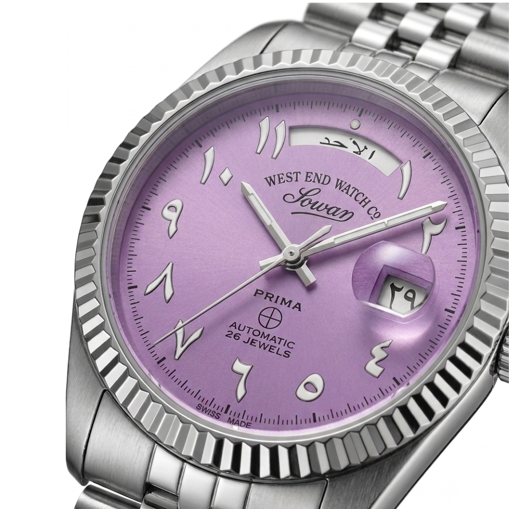 Watch with a purple face and silver case on a white background
available at Salam Luxury.
