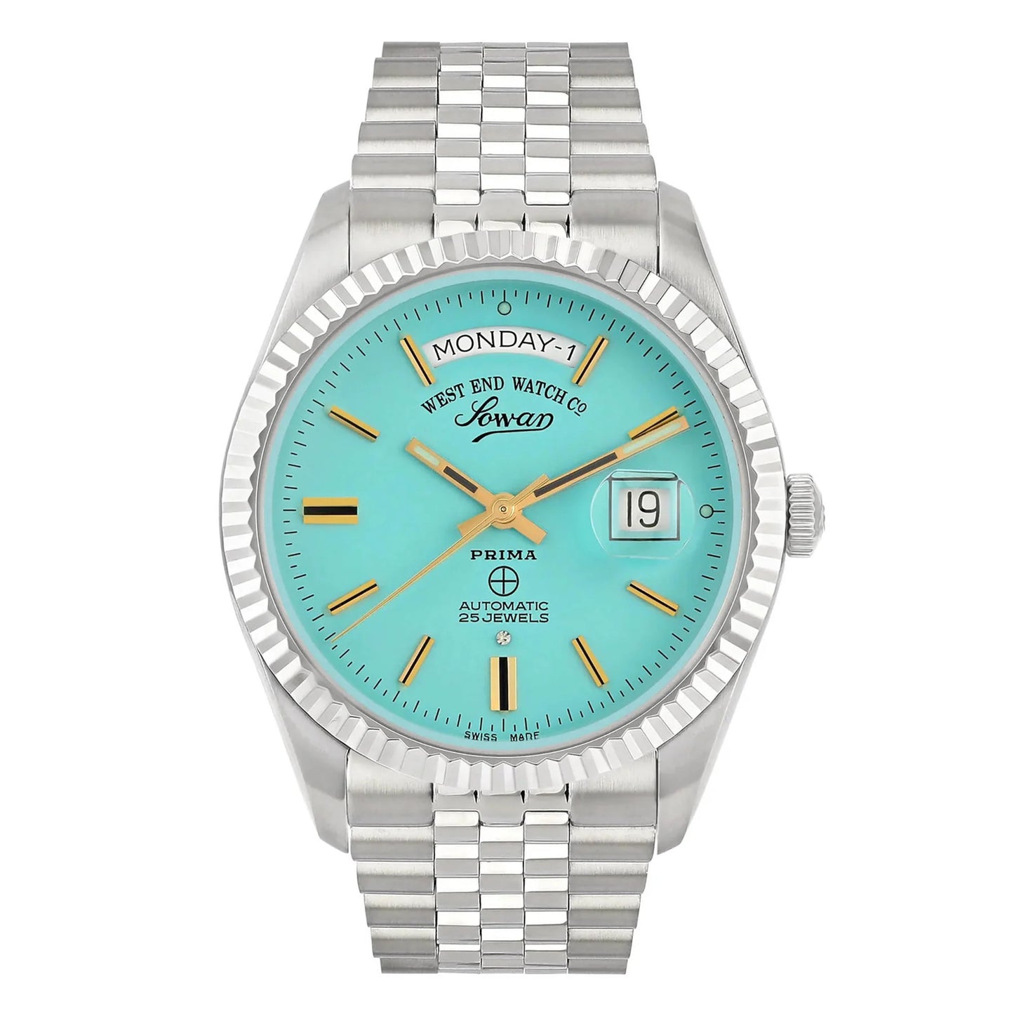 Tiffany | Watch with turquoise dial and silver metal bracelet on white background Salam Luxury