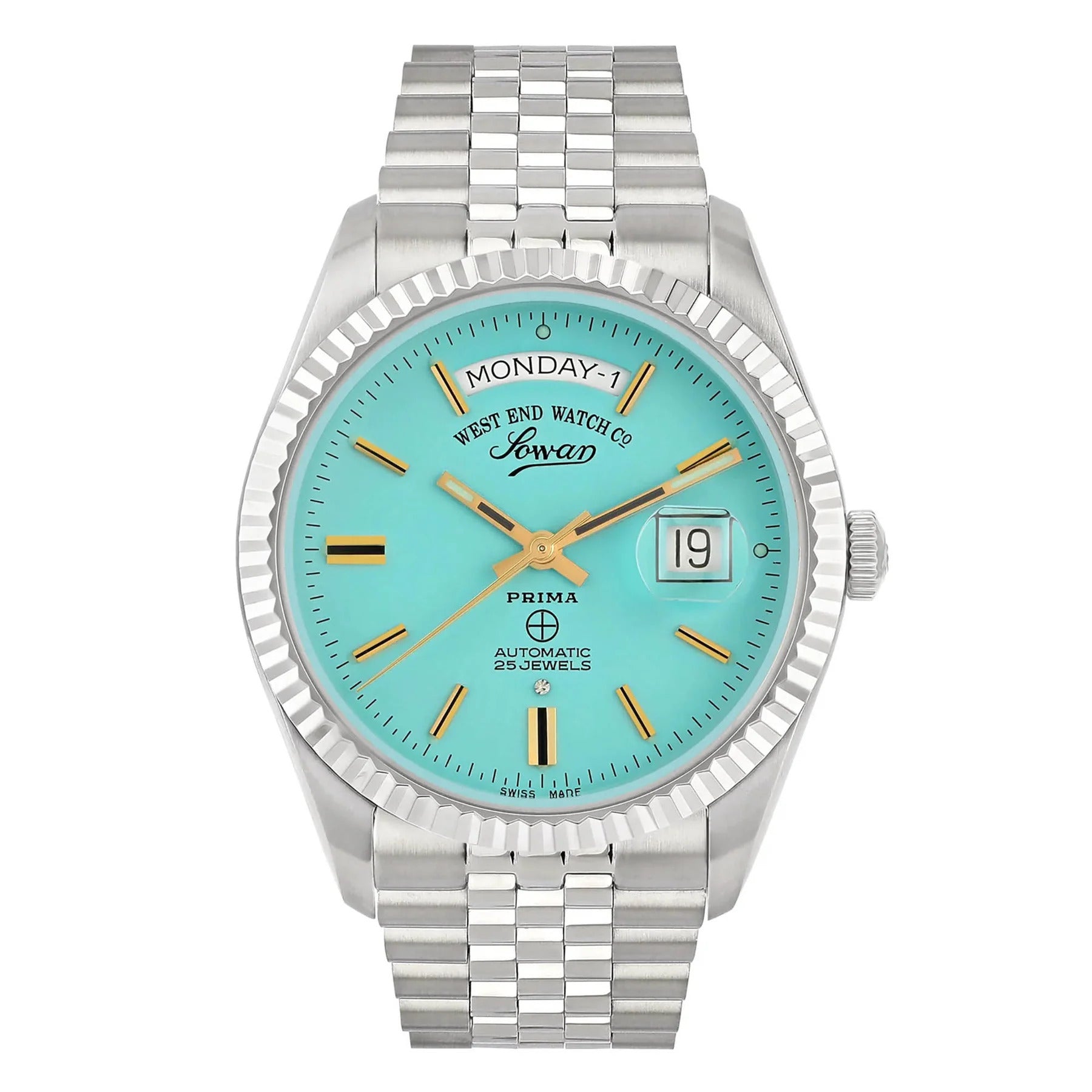 Tiffany | Watch with turquoise dial and silver metal bracelet on white background Salam Luxury