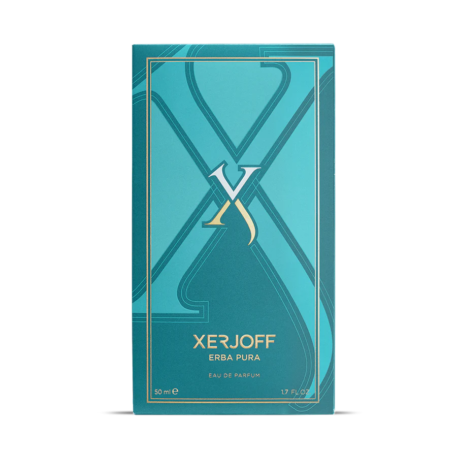 Teal packaging of Xerjoff Erba Pura perfume with gold text on a white background
salam Luxury